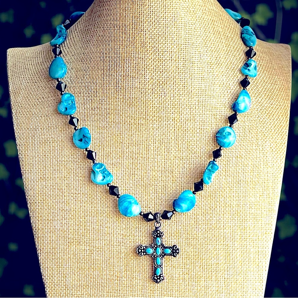 Handmade Boho Cross Beaded Necklace 22"